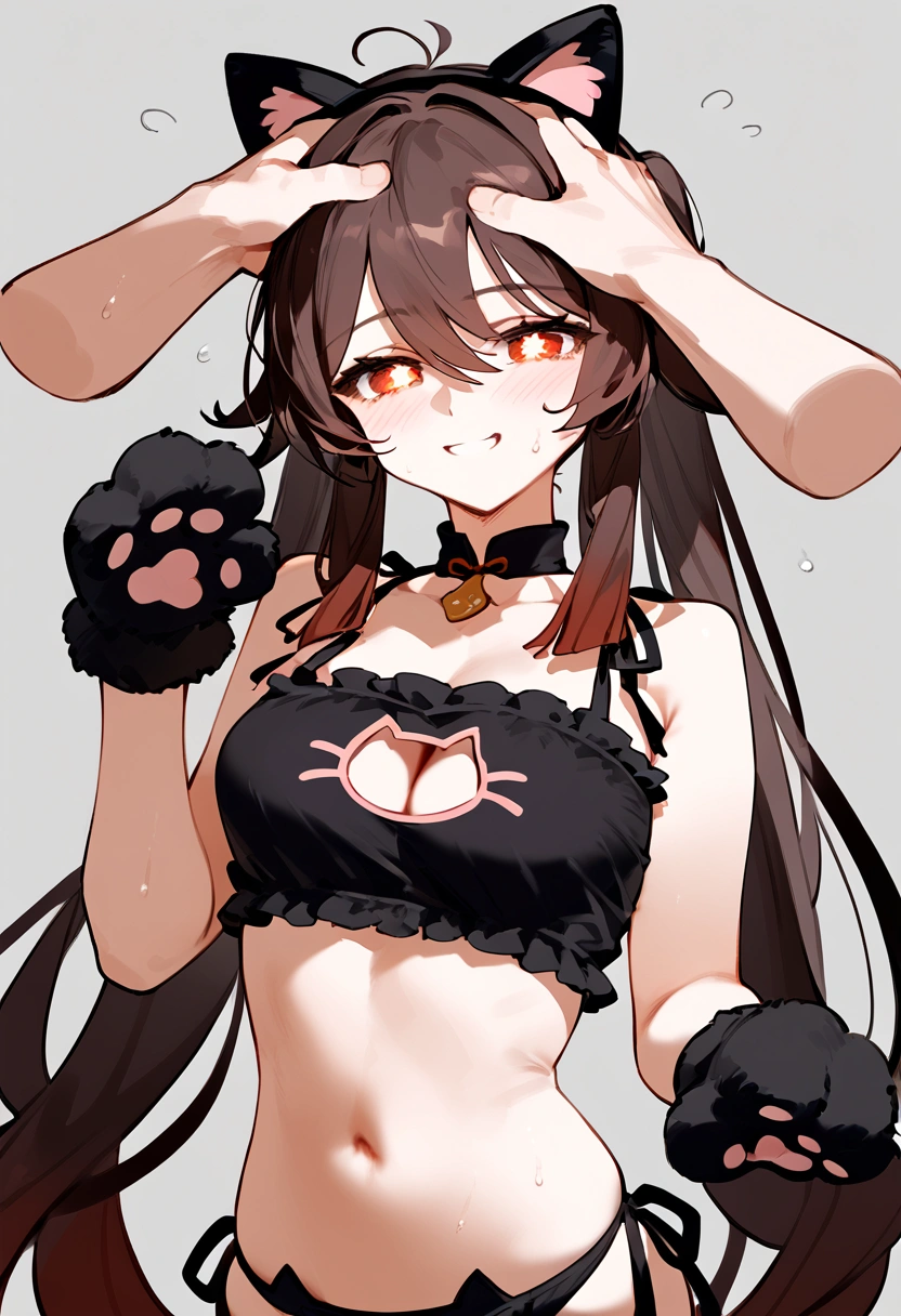 anime artwork, score_9, score_8_up, score_7_up, score_6_up, score_5_up, score_4_up, hu tao, she is 24 years old, style_3, gray background, , , , , _, fake cat ears,, smile, solo, cat lingerie, paw gloves, disembodied hand on her head, headpat, nervous sweating