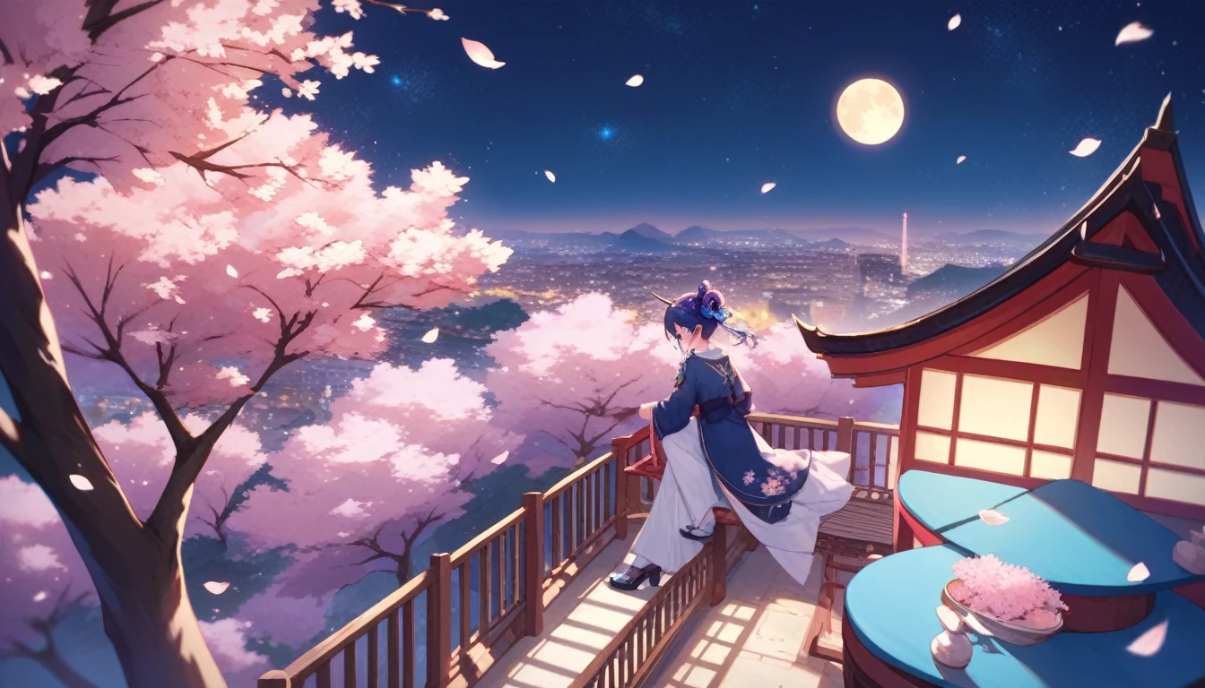 A Japanese cityscape of cherry blossoms at night. It creates a fantastic atmosphere. Stars are shining beautifully in the sky and the moon is shining.