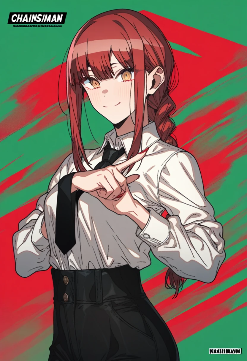 1girl, erere, absurdres, official art, absurdres, chainsaw man, makima \(chainsaw man\), 1girl, artist name, black necktie, black pants, braid, braided ponytail, breasts, closed mouth, collared shirt, copyright name, cover, cover page, dress pants, formal, green background, hand gesture, high-waist pants, long hair, long sleeves, looking at viewer, manga cover, medium breasts, multicolored background, nail, necktie, open door, pants, pointing, pointing at viewer, red background, red eyes, red hair, ringed eyes, shirt, sidelocks, smile, solo, upper body, white shirt, yellow eyes, ((very aesthetic, best quality, ultra detailed)), rating:safe, isometric angle view, painterly
