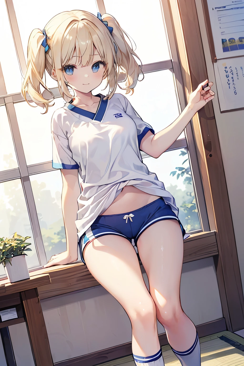 Blonde、Blue Eyes、girl、Small breasts、Twin tails、girl、Small breasts、A cheerful smile、Looks about 、Petan Musume、He is short、gym、【prompt】
BREAK (Japanese school old style sportswear:1.3), ((soft cotton material, non-shiny material):1.3), (oversized soft cotton short sleeve white tunic with U-neck:1.4), (blue lines on tops outline:1.3), ((Slim fit, closed-fitting) (deep-blue panties shorts, soft cotton deep-blue competition micro shorts, soft cotton deep-blue bloomers):1.3), ((groin, upper thigh skin):1.3), (white socks:1.3), (sports shoes:1.2),