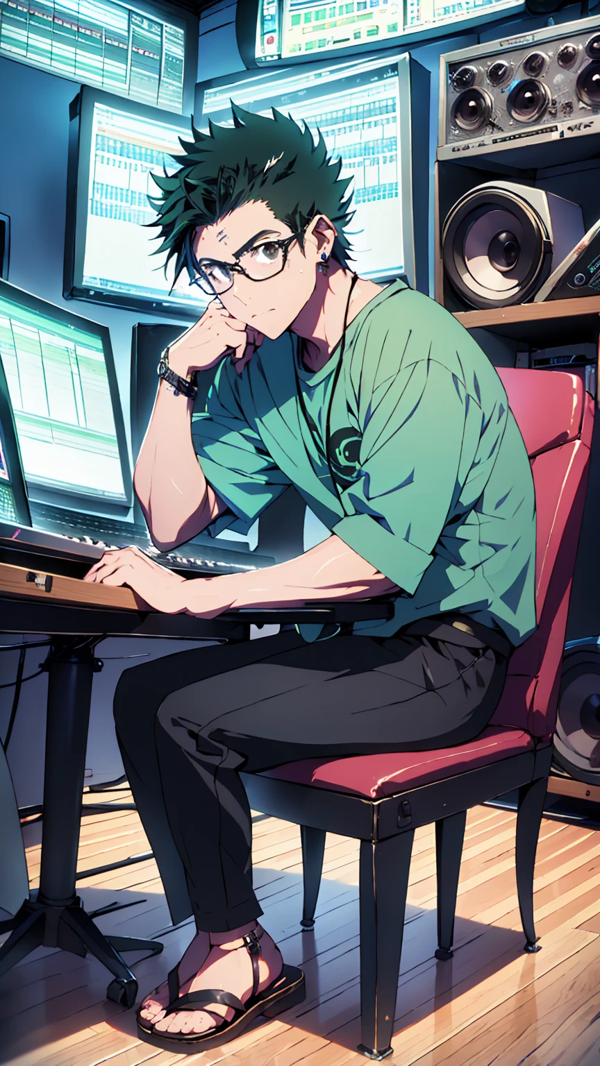((Highest quality)), ((masterpiece)), (detailed), Highest quality、High resolution、8K、Wearing a green shirt、Wearing black sandals、With two accurate hands5Finger、One adult male、33 years old、Dark Eyes、Black Hair、Japanese anime-like style、超High resolutionかわいい萌えアニメ8k、handsome face manly、Fake Hawk、 Slender and muscular、Glasses、Sitting in front of a computer in a music studio room analyzing a DAW
