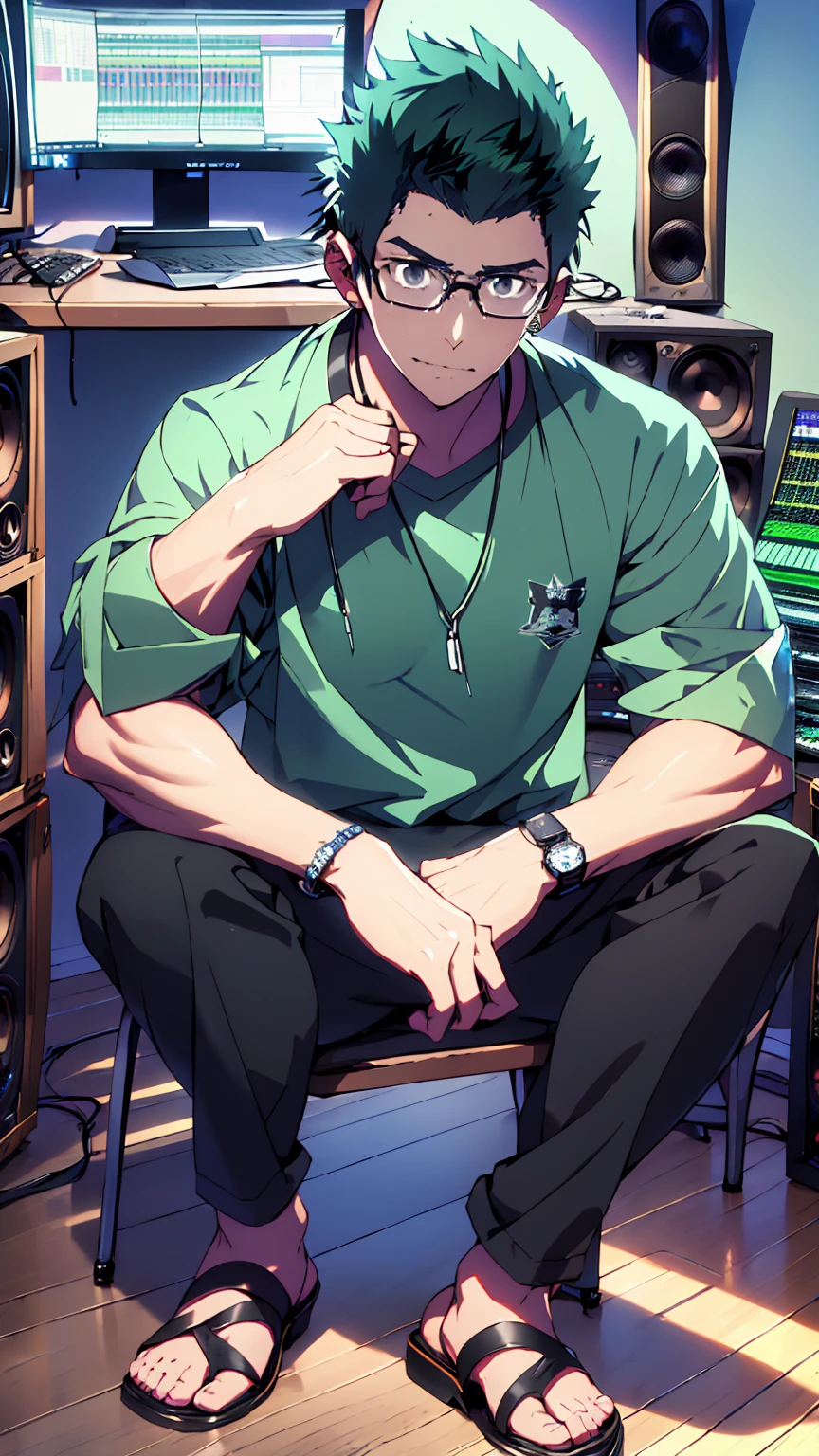 ((Highest quality)), ((masterpiece)), (detailed), Highest quality、High resolution、８K、Wearing a green shirt、Wearing black sandals、With two accurate hands５Finger、One adult male、33 years old、Dark Eyes、Black Hair、Japanese anime-like style、超High resolutionかわいい萌えアニメ8k、handsome face manly、Fake Hawk、 Slender and muscular、Glasses、Sitting in front of a computer in a music studio room analyzing a DAW