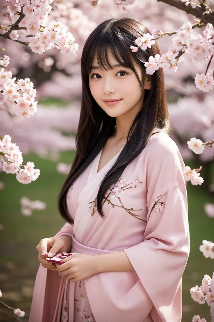 Portrait of a charming young Asian woman with a natural, fresh-faced beauty. She has bright, expressive eyes and a genuine, warm smile. Her long, silky black hair falls in soft waves, with a few strands gently framing her face. She's wearing a light pink yukata with subtle cherry blossom patterns, the fabric draping naturally. In her hands, she holds a set of traditional tarot cards. The background features real cherry blossom branches in soft focus, with some petals floating in the air. Warm, soft lighting creates a gentle glow on her skin and highlights the textures of her clothing and surroundings. The scene has a peaceful, serene atmosphere with a soft pink color palette, balancing realism with a touch of romantic charm.