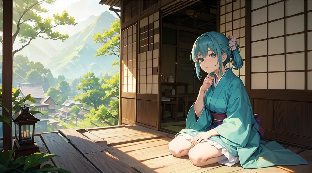 An old anime character sitting sitting in the terasse of an old japanese house, chilling at the view of her garden. summer chill vibes. The colors are soft and pastel, with soft lighting and a nostalgic ambiance, Lo-Fi, , cute girl, side view, wide view, japanese beauty, beutiful girl.