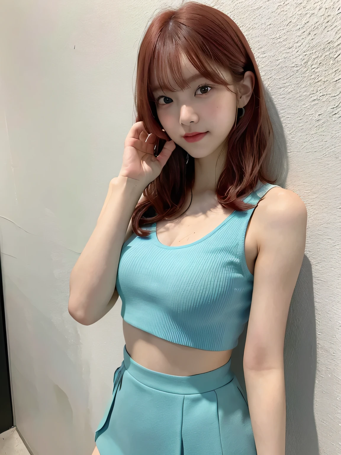 One person、17 years old、Full body photo,slender、woman、White drool coming out of the mouth、smile、、Red Hair、Short Bob、 Fair skin, messy hair, super cute、Soft and Face、8K resolution、Surreal、Ultra high definition、 A-cup small breasts（（Highest resolution、8K、masterpiece：1.3））、Ultra-fine face、Ultra Fine Lips、Beautiful Eyes、double eyelid,Light blue wall、Sleeveless green polo shirt、White Skirt、Thighs、thin,Thighsが見える、Shapely small breasts、sexy、So cute!