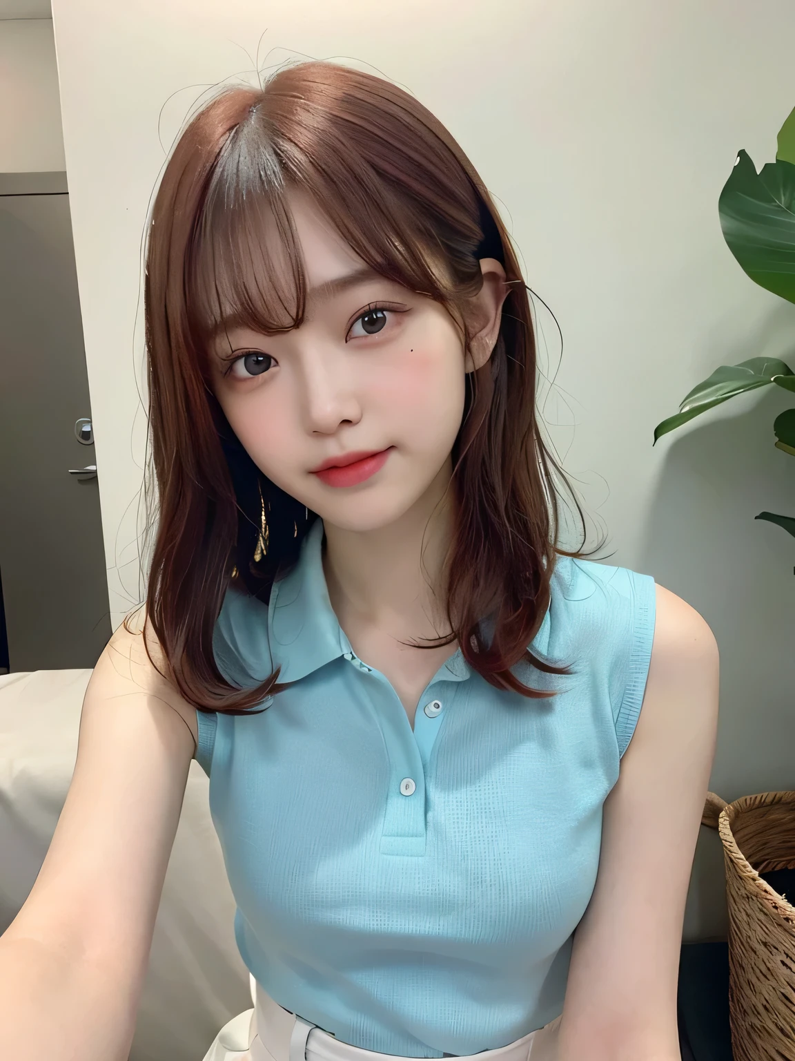 One person、、Full body photo,slender、woman、White drool coming out of the mouth、smile、、Red Hair、Short Bob、 Fair skin, messy hair, super cute、Soft and Face、8K resolution、Surreal、Ultra high definition、 A-cup small breasts((Highest resolution、8K、masterpiece:1.3))、Ultra-fine face、Ultra Fine Lips、Beautiful Eyes、double eyelid,Light blue wall、Sleeveless green polo shirt、White Skirt、Thighs、thin,Thighsが見える、Shapely small breasts、sexy、So cute!