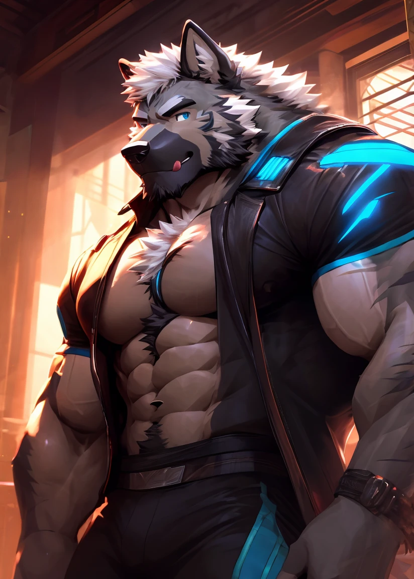(masterpiece),(Very detailed),(best quality),hairy,Wolf,Gray fur,White hair,Blue pupil muscle,(()),(Chest 1:2),(((Convex))),Solitary,Hide behind trees,Stick out your tongue:1.3),By the window,Leaning against the window,(Avatar x photo),(Long Shot) ,8K,(high quality),(Ultra HD),German Shepherd,(Cyberpunk),Neon big pectoral muscles,Strong muscles,Tights,Half of the body,Three-quarters of a face