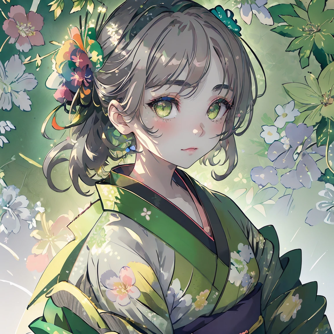 watercolor paiting、(((green floral background:1.3)))、Best Quality, masutepiece, High resolution, (((1girl in))), sixteen years old,(((Eyes are gray:1.3)))、black hair,green kimono,((beautiful green kimono)), Tindall Effect, Realistic, Shadow Studio,Ultramarine Lighting, dual-tone lighting, (High Detail Skins: 1.2)、Pale colored lighting、Dark lighting、 Digital SLR, Photo, High resolution, 4K, 8K, Background blur,Fade out beautifully、green flower world white background looking to the left looking at viewer