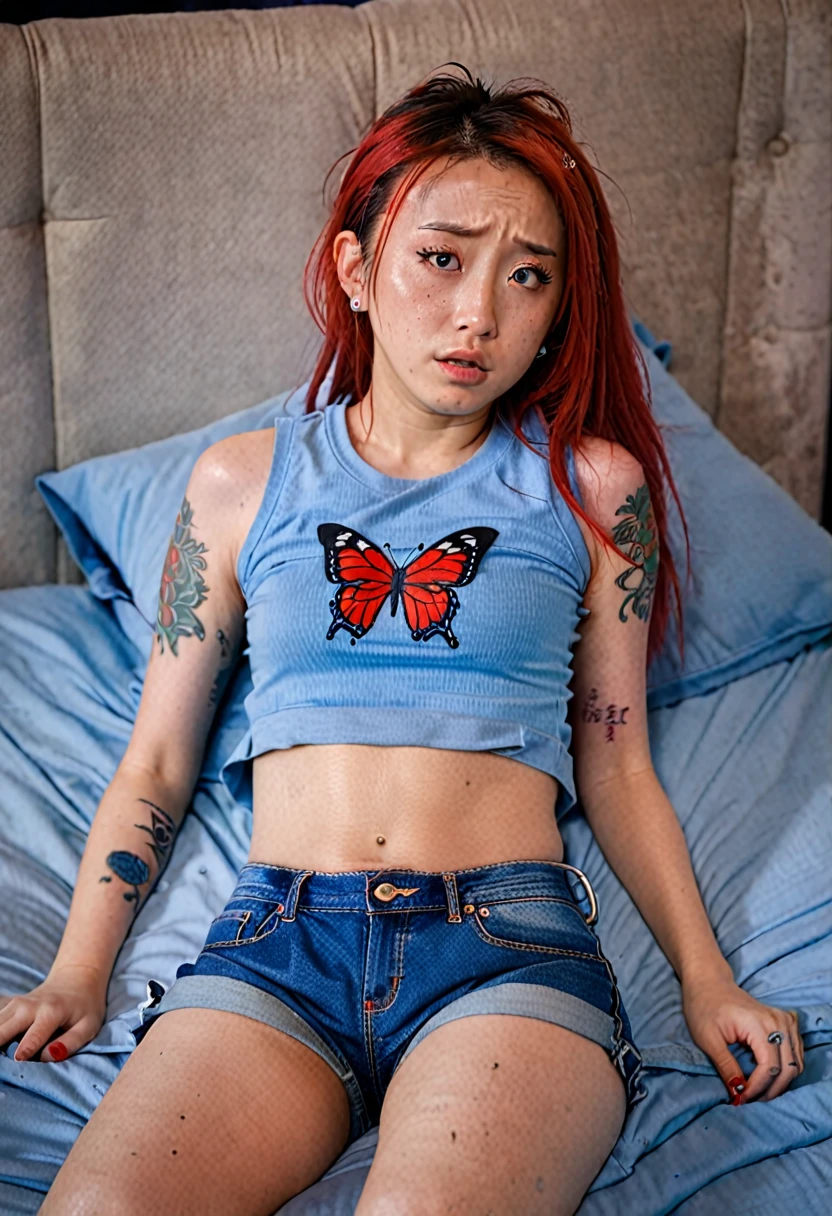 Uhd, photo of Cami, subject: Noriko, 1/2 Japanese 1/2 Hainu skinny girl in blue bed with long red hair, blue+++ eyes, oval face, LGBTQIA+, queer, punk style, wearing short blue top and blue jeans shorts, buttefly hairclip, tattooes.  She is crying and sad, turned to the side, hugging the blue pillow, under the blue blankets.