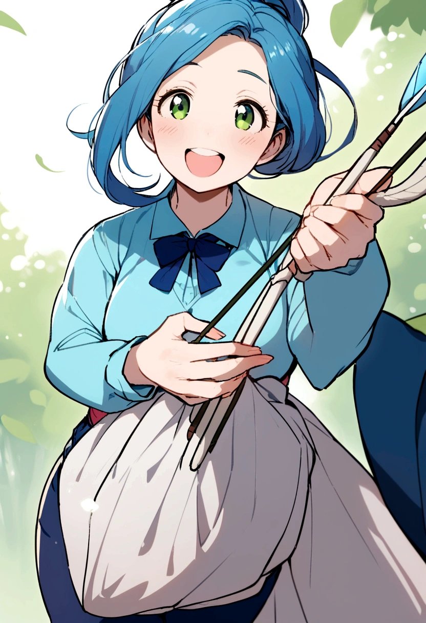 beautiful tall mom with blue ponytail hair, green eyes, blue shirt, dark blue shorts, happy, with a bow and arrows in her hands