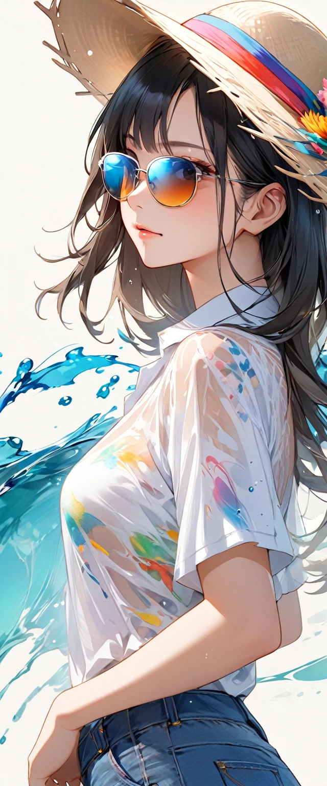 Oriental beautiful girl,sideways,Looking over the shoulder,White transparent real-life painting,Colorful water splash rendering,Facial texture is clear,Sun hat,loose white shirt,Blue distressed denim shorts,sunglasses,White sand background,messy strokes.Close-up of character( Perfect anatomical structure ) Beautiful and extremely fine texture,detailed, bright, Animation style high definition and high quality presentation