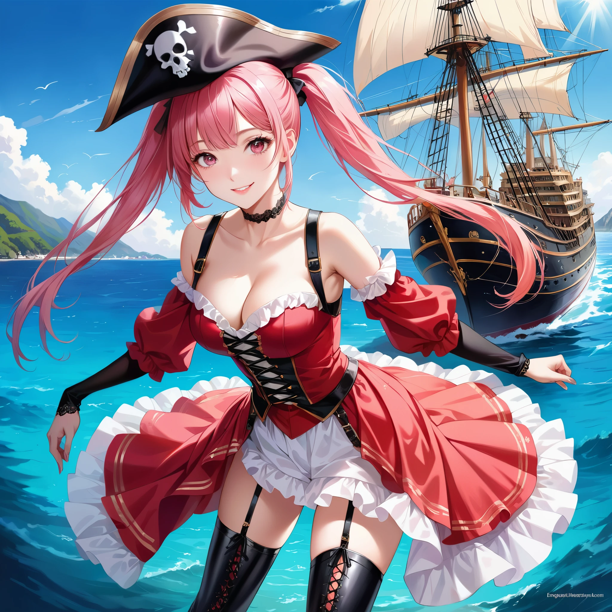 (8K, masutepiece, Best Quality, Official art, beautiful detailed, beautiful lighting, best masterpiece in history that exceeds limits), (1 Girl, Solo), (16 years old), (Beautiful detailed face), (shiny white skin), (Beautiful big bust, cleavage:1.3), (Beautiful detailed pastel pink twin tails hair, Bangs:1.3), (beautiful detailed drooping pink eyes:1.5), break, (red and black theme, Beautiful detailed female pirate outfit, red dirndl with lace-up, red long sleeve with multi-layered ruffles, engageante, fusion of red corset and pinafore, red tiered skirt with multi-layered ruffles, bare shoulders, collarbone, shoulder strap), (red Tricorne hat with skull(symbol) print), (thighs, garter belt, black thigh high boots with heels), (happy smile), (Attractive, Look at the camera), breathtaking scenery, (ultra detailed realistic beautiful ship, sea, blue sky:1.2)