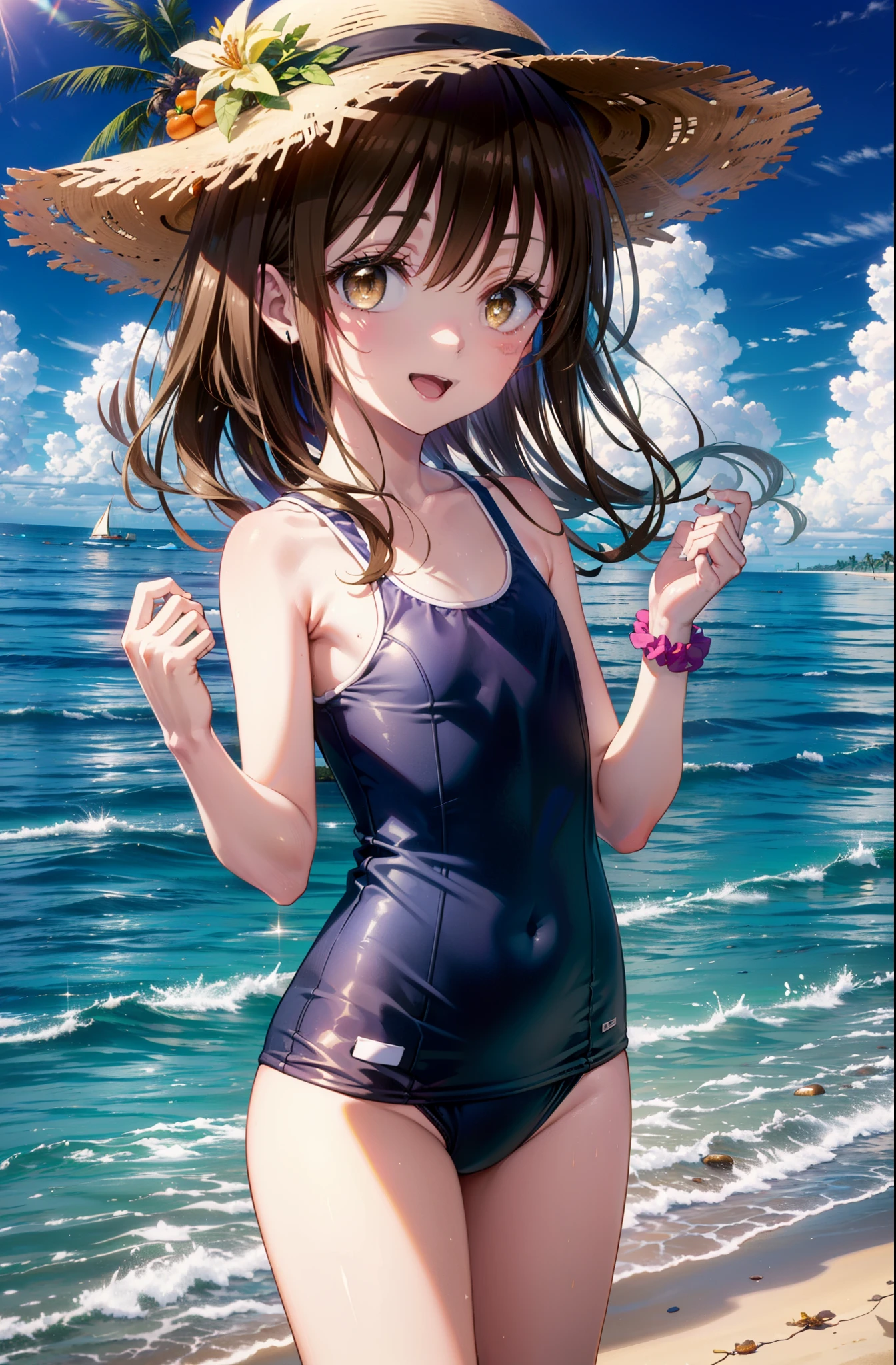 Follow Us, Yuki mandarin orange, (Brown eyes:1.5), Brown Hair, hair ornaments, hair scrunchie, Long Hair, (Flat Chest:1.2),happy smile, smile, Open your mouth,
Open your mouth,School Swimsuit,Straw hat,Holding a swim ring in both hands,True Summer,Palm tree,Are standing break looking at viewer, whole body, break outdoors, Sandy Beach,Beach, break (masterpiece:1.2), Highest quality, High resolution, unity 8k wallpaper, (shape:0.8), (Beautiful and beautiful eyes:1.6), Highly detailed face, Perfect lighting, Extremely detailed CG, (Perfect hands, Perfect Anatomy),