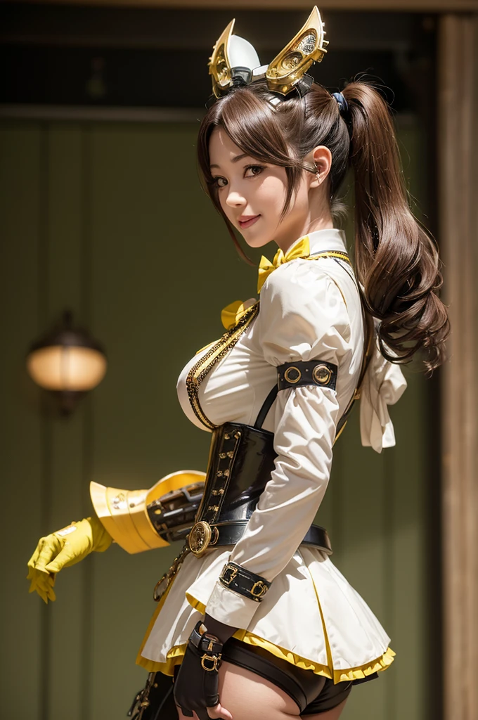 Woman portrait、Highest quality、Rear view、8K, clear, Fine skin、Clear, beautiful eyes、Cleavage、whole body、Curly Hair、My hair was messed up by the wind、The beauty of a smile、(Glamorous Muscle、tall),(Hip_superior, Hip superior), Mature Woman,( Watching the audience),Realistic, High resolution, Soft Light,1 female, One person, Perfect Style, Perfect balance,(Brown hair),Twin tails,,Fine Skin, Naughty look,((Steampunk Japanese Clothes,gyaru)),(Yellow-green steampunk collared sailor suit),(白のスチームパンクのSteampunk Japanese Clothes, High-tech Mecha,Beautiful steampunk cyborg woman on white,Steampunk Mecha Cyborg Girl,Steampunk yellow-green japanese clothes,wrist cuffs,A bow tie,white dress shirt、Gemstone Helmet,belt steampunk bodystocking,High leg、gloves,Lavish decoration、),,((arms behind back)),(bokeh),(studio lighting)