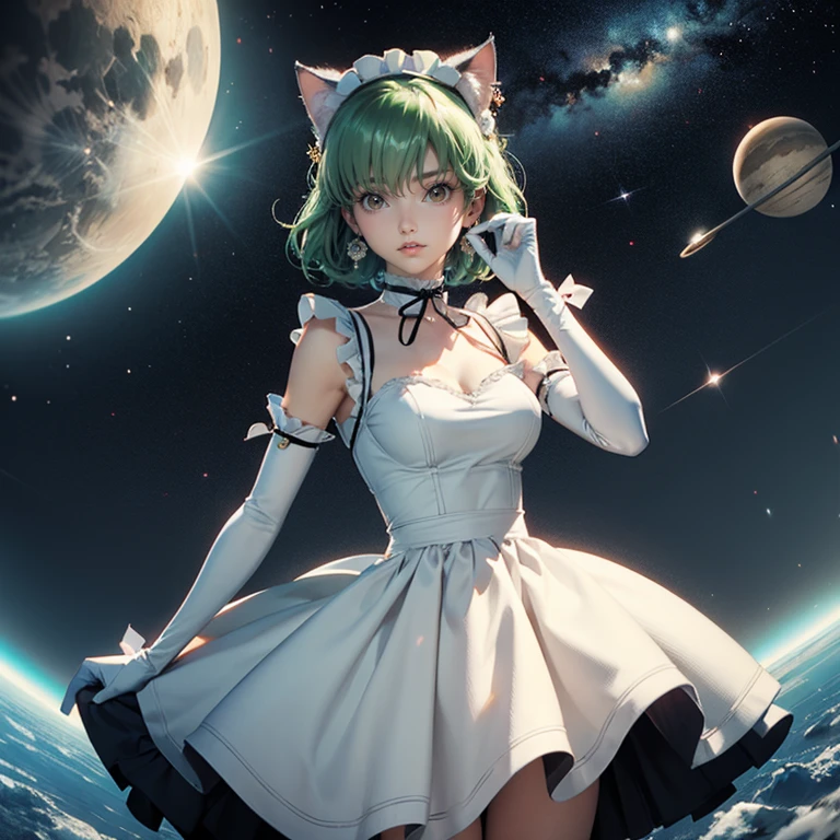 1girl, white maid dress, jewelry, green hair, long hair, flowing hair, maid dress with a short skirt and layers, white laces, white boots, white dress with transparency, gold details on her clothes, cat ears, animal ears, blue tie, more details, perfectly body, perfectly hands, two hands, two legs, two arms, five fingers, glowing hair, best quality, cat ears, animal ears, tail ornament, tail bow, white gloves, two cat tail, white gloves, alone, maid headdress, choker, detached sleeves, maid dress, maid white dress, strapless, masterpeice, best quality, detailed face, night, asymmetrical gloves, bangs, white short skirt , white gloves, white boots, earrings, elbow gloves, fishnet thighhighs, fishmasterpeice, solo, best quality, detailed face, gloves, green eyes, green hair, hair between eyes, jewelry, long hair, looking at viewer, single earring, sky, sleeveless, solo, thigh boots, thighhighs, tongue, tongue out, uneven gloves, cat ears, animal ears, cat tail, , solo, alone, Looking at the viewer, More details on the clothes, magenta roses on her hair, space scenery, maid, maid dress, magenta details, magenta roses, maid headdress, maid apron, wave hair, short hair, seat on the Saturn rings, bats details on her clothes, more details on her clothes, gold details on her clothes, space, smiling, standing her hand to a viewer, looking at the viewer, in the background a several asteroids glowing with fiery auras, Dramatic lighting from distant stars and planets illuminates the scene, looking at the vast and mysterious universe, cowboy shot, upper body portrait, more details, sparkle,