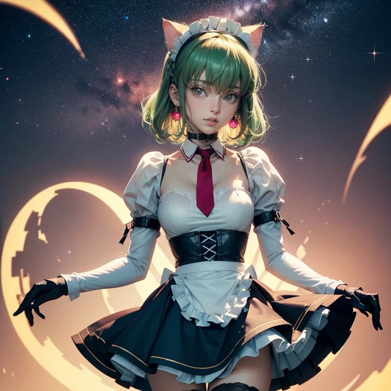 1girl, white maid dress, jewelry, green hair, long hair, flowing hair, maid dress with a short skirt and layers, white laces, white boots, white dress with transparency, gold details on her clothes, cat ears, animal ears, blue tie, more details, perfectly body, perfectly hands, two hands, two legs, two arms, five fingers, glowing hair, best quality, cat ears, animal ears, tail ornament, tail bow, white gloves, two cat tail, white gloves, alone, maid headdress, choker, detached sleeves, maid dress, maid white dress, strapless, masterpeice, best quality, detailed face, night, asymmetrical gloves, bangs, white short skirt , white gloves, white boots, earrings, elbow gloves, fishnet thighhighs, fishmasterpeice, solo, best quality, detailed face, gloves, green eyes, green hair, hair between eyes, jewelry, long hair, looking at viewer, single earring, sky, sleeveless, solo, thigh boots, thighhighs, tongue, tongue out, uneven gloves, cat ears, animal ears, cat tail, , solo, alone, Looking at the viewer, More details on the clothes, magenta roses on her hair, space scenery, maid, maid dress, magenta details, magenta roses, maid headdress, maid apron, wave hair, short hair, seat on the Saturn rings, bats details on her clothes, more details on her clothes, gold details on her clothes, space, smiling, standing her hand to a viewer, looking at the viewer, in the background a several asteroids glowing with fiery auras, Dramatic lighting from distant stars and planets illuminates the scene, looking at the vast and mysterious universe, cowboy shot, upper body portrait, more details, sparkle,