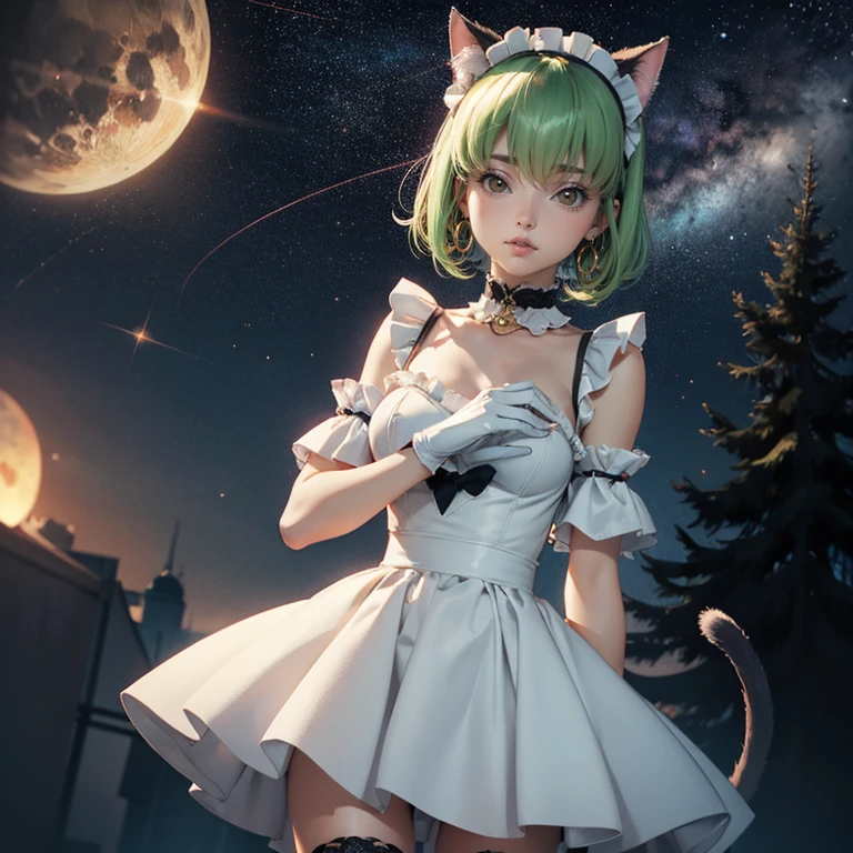 1girl, white maid dress, jewelry, green hair, long hair, flowing hair, maid dress with a short skirt and layers, white laces, white boots, white dress with transparency, gold details on her clothes, cat ears, animal ears, blue tie, more details, perfectly body, perfectly hands, two hands, two legs, two arms, five fingers, glowing hair, best quality, cat ears, animal ears, tail ornament, tail bow, white gloves, two cat tail, white gloves, alone, maid headdress, choker, detached sleeves, maid dress, maid white dress, strapless, masterpeice, best quality, detailed face, night, asymmetrical gloves, bangs, white short skirt , white gloves, white boots, earrings, elbow gloves, fishnet thighhighs, fishmasterpeice, solo, best quality, detailed face, gloves, green eyes, green hair, hair between eyes, jewelry, long hair, looking at viewer, single earring, sky, sleeveless, solo, thigh boots, thighhighs, tongue, tongue out, uneven gloves, cat ears, animal ears, cat tail, , solo, alone, Looking at the viewer, More details on the clothes, magenta roses on her hair, space scenery, maid, maid dress, magenta details, magenta roses, maid headdress, maid apron, wave hair, short hair, seat on the Saturn rings, bats details on her clothes, more details on her clothes, gold details on her clothes, space, smiling, standing her hand to a viewer, looking at the viewer, in the background a several asteroids glowing with fiery auras, Dramatic lighting from distant stars and planets illuminates the scene, looking at the vast and mysterious universe, cowboy shot, upper body portrait, more details, sparkle,
