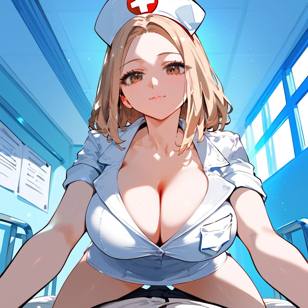 anime artwork, score_9, score_8_up, score_7_up, score_6_up, score_5_up, score_4_up, r,Camie Utsushimi, light brown hair, dark brown eyes,, breasts, , big breasts, , , , she is 24 years old, , ,horny, , , , style_3, ,  nurse outfit, at hospital, 1boy, she straddling him, pov,close-up
