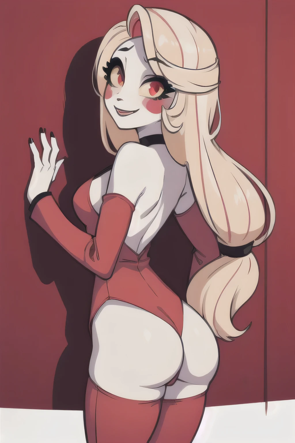 (masterpiece, best quality:1.2), 1girl, solo, blonde hair, yellow sclera, red eyes, model looking at the viewer, red suit, red pants, high heels, white, red cheeks, pale skin, smiling, sexy, against wall, hands on ass, medium ass, grabbing her ass in aggressive way, facing wall, NSFW, rule 34