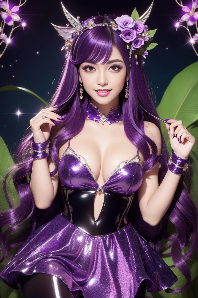 sexy Spanish model who controls poison、beautiful smile、lipgloss、long lashes、eyeliner、metallic makeup、defined eyebrows、look at the camera、full body Esbian、、sparkling poisoned flower costume (purple)、、、、shiny sparkling multicolor hair、secrete poison、skull hair accessories schnet tights (purple)、shiny sparkling dark magic forest background