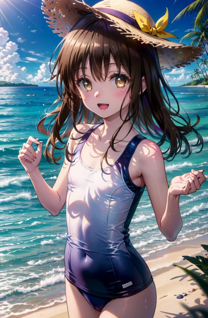 Follow Us, Yuki mandarin orange, (Brown eyes:1.5), Brown Hair, hair ornaments, hair scrunchie, Long Hair, (Flat Chest:1.2),happy smile, smile, Open your mouth,
Open your mouth,School Swimsuit,Straw hat,Holding a swim ring in both hands,True Summer,Palm tree,Are standing　　　　　　　　　　　　　　　　　break looking at viewer, whole body, 　　　　　　　　break outdoors, Sandy Beach,Beach,　　　　　　　　　　 break (masterpiece:1.2), Highest quality, High resolution, unity 8k wallpaper, (shape:0.8), (Beautiful and beautiful eyes:1.6), Highly detailed face, Perfect lighting, Extremely detailed CG, (Perfect hands, Perfect Anatomy),