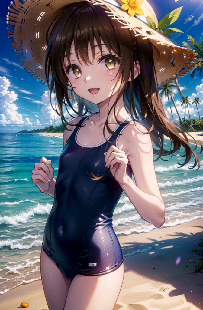 Follow Us, Yuki mandarin orange, (Brown eyes:1.5), Brown Hair, hair ornaments, hair scrunchie, Long Hair, (Flat Chest:1.2),happy smile, smile, Open your mouth,
Open your mouth,School Swimsuit,Straw hat,Holding a swim ring in both hands,True Summer,Palm tree,Are standing　　　　　　　　　　　　　　　　　break looking at viewer, whole body, 　　　　　　　　break outdoors, Sandy Beach,Beach,　　　　　　　　　　 break (masterpiece:1.2), Highest quality, High resolution, unity 8k wallpaper, (shape:0.8), (Beautiful and beautiful eyes:1.6), Highly detailed face, Perfect lighting, Extremely detailed CG, (Perfect hands, Perfect Anatomy),