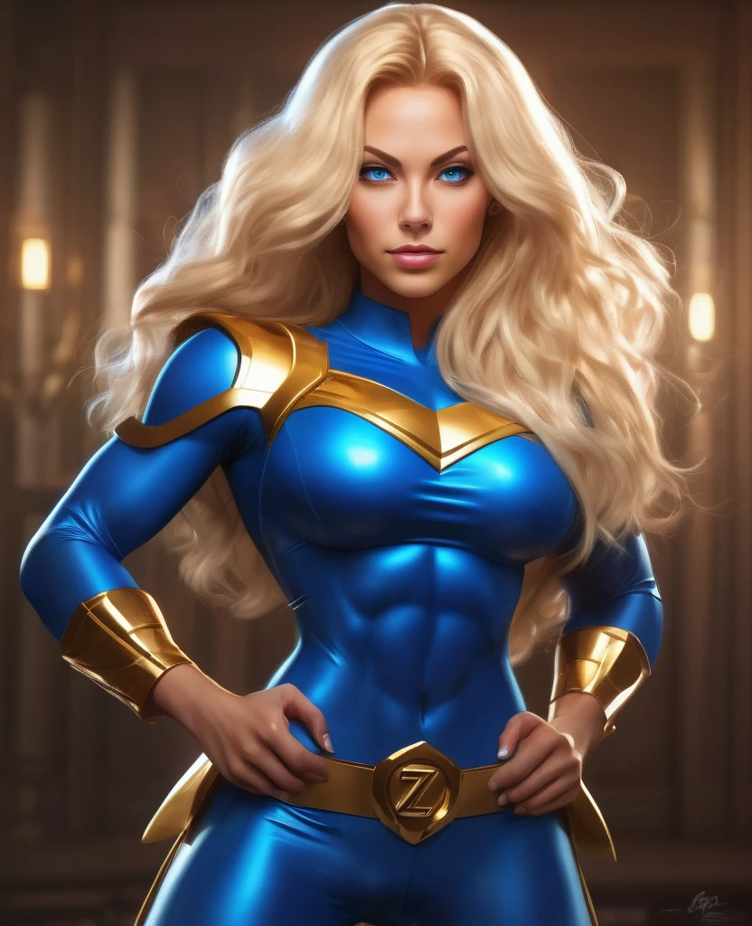 Sexy superheroine with wavy blonde hair, bright blue eyes, wearing a blue outfit, golden shoulder pads, Gold Bracelets, reveal the abdominal muscles and a Z symbol on the chest, Portrait photography by artgerm, in the style of realism, shiny skin, Cartooncore, Subscribe to, natural lighting, Defined, full lips. Muscular fitness female body