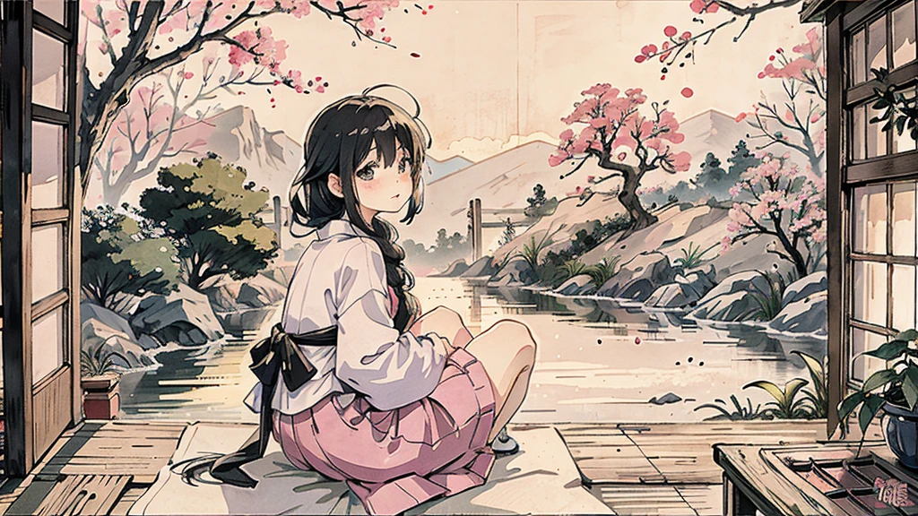 A anime character sitting in the terasse of an old japanese house, the view of her garden. summer ambient vibes. The colors are soft and pastel, with soft lighting and a nostalgic ambiance, Lo-Fi, school girl , cute girl, side view, wide view, japanese beauty, beutiful girl.