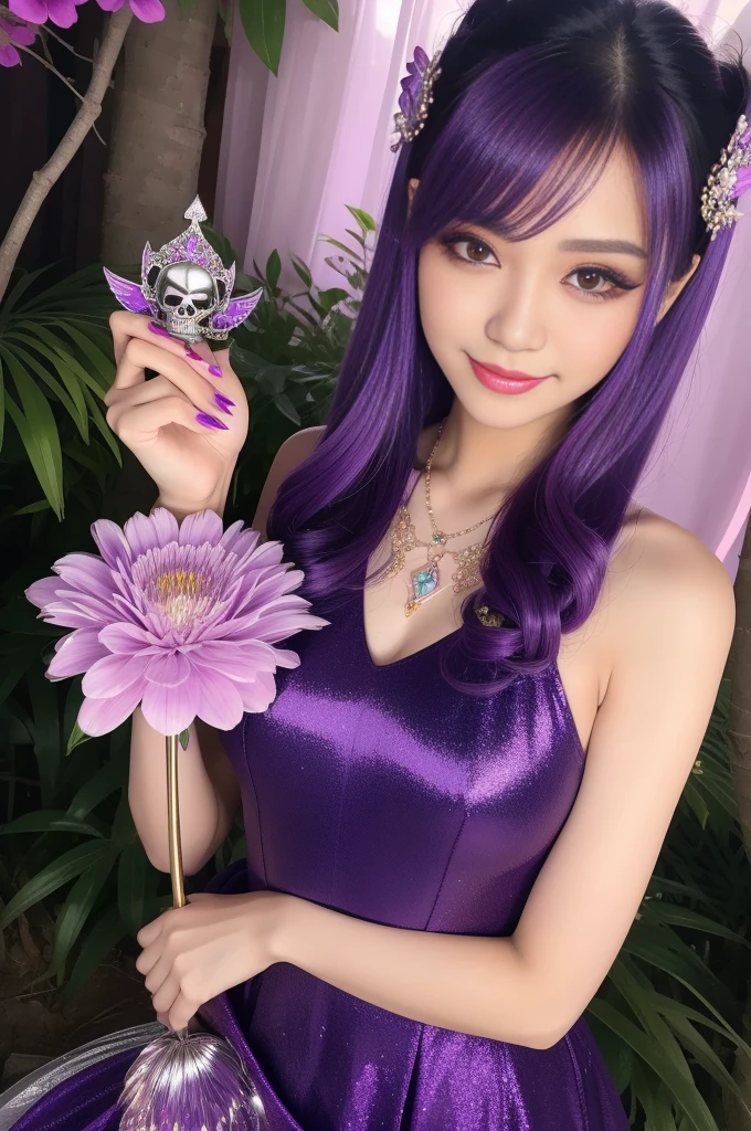 sexy Italian model who controls poison、beautiful smile、lipgloss、intense makeup、look at the camera、full body Esbian、、sparkling poisoned flower costume、、、、shiny sparkling multicolor hair、secrete poison、skull hair accessories、 fishnet tights、shiny sparkling flowers background