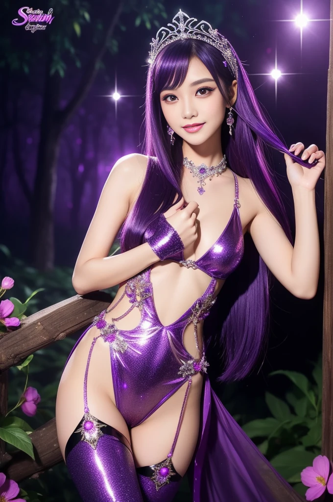 sexy Indonesian model who controls poison、beautiful smile、lipgloss、long lashes、eyeliner、metallic makeup、defined eyebrows、look at the camera、full body Esbian、、sparkling poisoned flower costume (purple)、、、、shiny sparkling multicolor hair、secrete poison、skull hair accessories schnet tights (purple)、shiny sparkling dark magic forest background