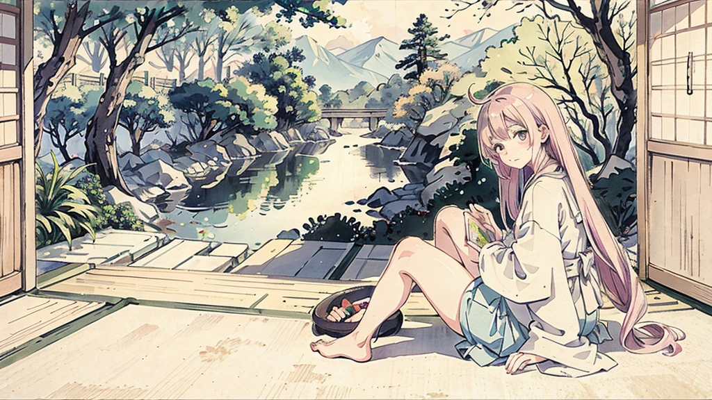 A anime character sitting in the terasse of an old japanese house, the view of her garden. summer ambient vibes. The colors are soft and pastel, with soft lighting and a nostalgic ambiance, Lo-Fi, school girl , cute girl, side view, wide view, japanese beauty, beutiful girl.