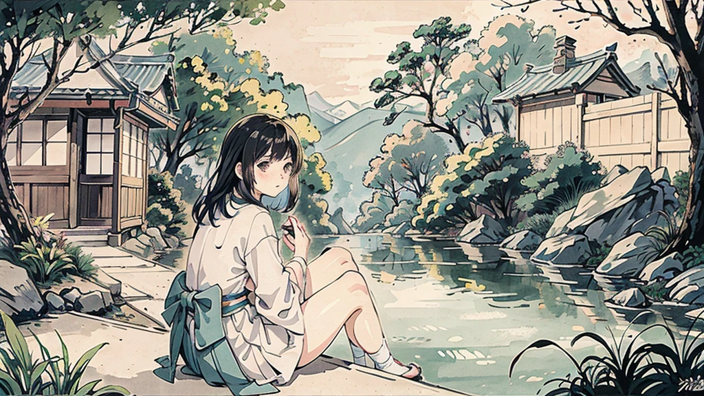 A anime character sitting in the terasse of an old japanese house, the view of her garden. summer ambient vibes. The colors are soft and pastel, with soft lighting and a nostalgic ambiance, Lo-Fi, school girl , cute girl, side view, wide view, japanese beauty, beutiful girl.