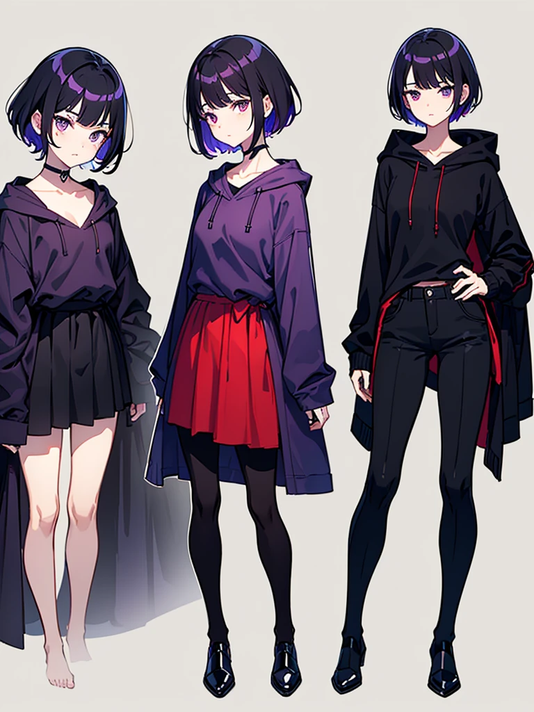 Mature face,tall, Wearing black tights, Short hair and updo style, Wearing a hoodie, He wore black trousers, whole body黒の服, The skin is hidden　and (Ink blotches:1.1), (pale:1.2),(purple:1.2),(Red/Black:1.2), I was wearing long pants,cool,Dressed in a black robe, Toned body, Wine red hair, one big woman, Nervous,Cowboy Shot, sketch (Character design sheet, same characters, whole body, Three-View, front, ~ ~ ~ side, return),(Very bright:1.1), White Background, [1 Girl:7], (Tilt your head:1.2), ([sketch|watercolor \(Moderate\)]:1.15),Chaotic Abstract Background, Vector Trace, Gradient Blending, Bright colors, that&#39;wonderful, Very detailed, Complex, (Very low contrast:1.4)