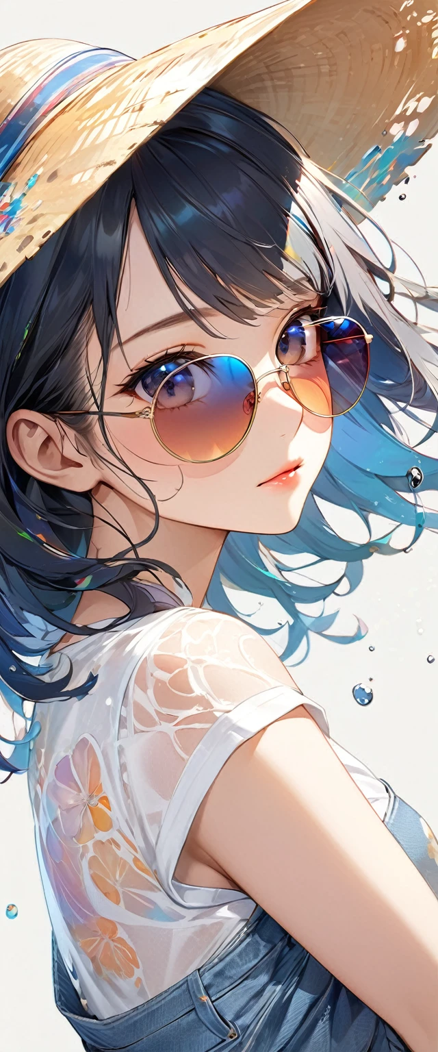 Oriental beautiful girl，sideways，Looking over the shoulder，White transparent real-life painting，Colorful water splash rendering，Facial texture is clear，Sun hat，loose white shirt，Blue distressed denim shorts，sunglasses，White sand background，messy strokes.Close-up of character( Perfect anatomical structure ) Beautiful and extremely fine texture，detailed, bright, Animation style high definition and high quality presentation