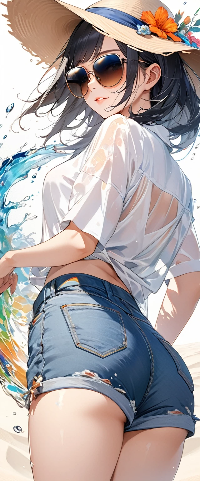 Oriental beautiful girl,sideways,Looking over the shoulder,White transparent real-life painting,Colorful water splash rendering,Facial texture is clear,Sun hat,loose white shirt,Blue distressed denim shorts,sunglasses,White sand background,messy strokes.Close-up of character( Perfect anatomical structure ) Beautiful and extremely fine texture,detailed, bright, Animation style high definition and high quality presentation