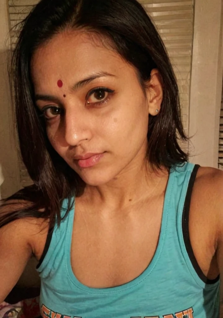 pretty hot indian mom, fair skin, bed selfie, at night, in tank top, dimly lit, dark low light, extreme close-up