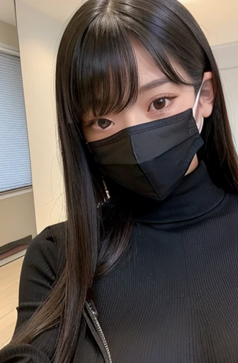 Shortcuts、((Please wear a black long sleeve top))、((Selfie style in my room)),((student))、((Very young))、((very cute))、((So adorable))、((Please wear a black non-woven mask....)),Highest quality, masterpiece, Ultra-high resolution, (Realistic:1.4), RAW Photos, Very detailed, Perfect Anatomy, 1 girl, 18-year-old, Famous idols of Japan, Front view, Crotch close-up,, ((Accentuate your breasts))