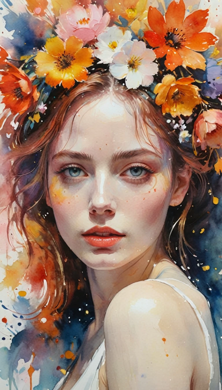 ((Masterpiece in maximum 16K resolution):1.6), ((intricate detail):1.4), ((extremely insane detail):1.4),((highest quality):1.3),((Soft colors 4k highly detailed digital art):1.3). | (((oilcolor:1.5))), ((watercolor painting):1.4), ((a painting of woman by Agnes Cecile):1.3), ((Flowers):1.4), ((luminous design):1.3), ((autumn lights):1.1), Gouache with intricate details, bold colors, ink drips, Detailed brushstrokes have been enhanced, Careful brushwork creates an atmosphere, Utilize delicate yet powerful brushstroke techniques, Create an enchanting atmosphere. highly detailed gouache, ((Unparalleled sharpness and clarity):1.1), ((Radiosity rendered in stunning 32K resolution):1.3), All captured with sharp focus.
