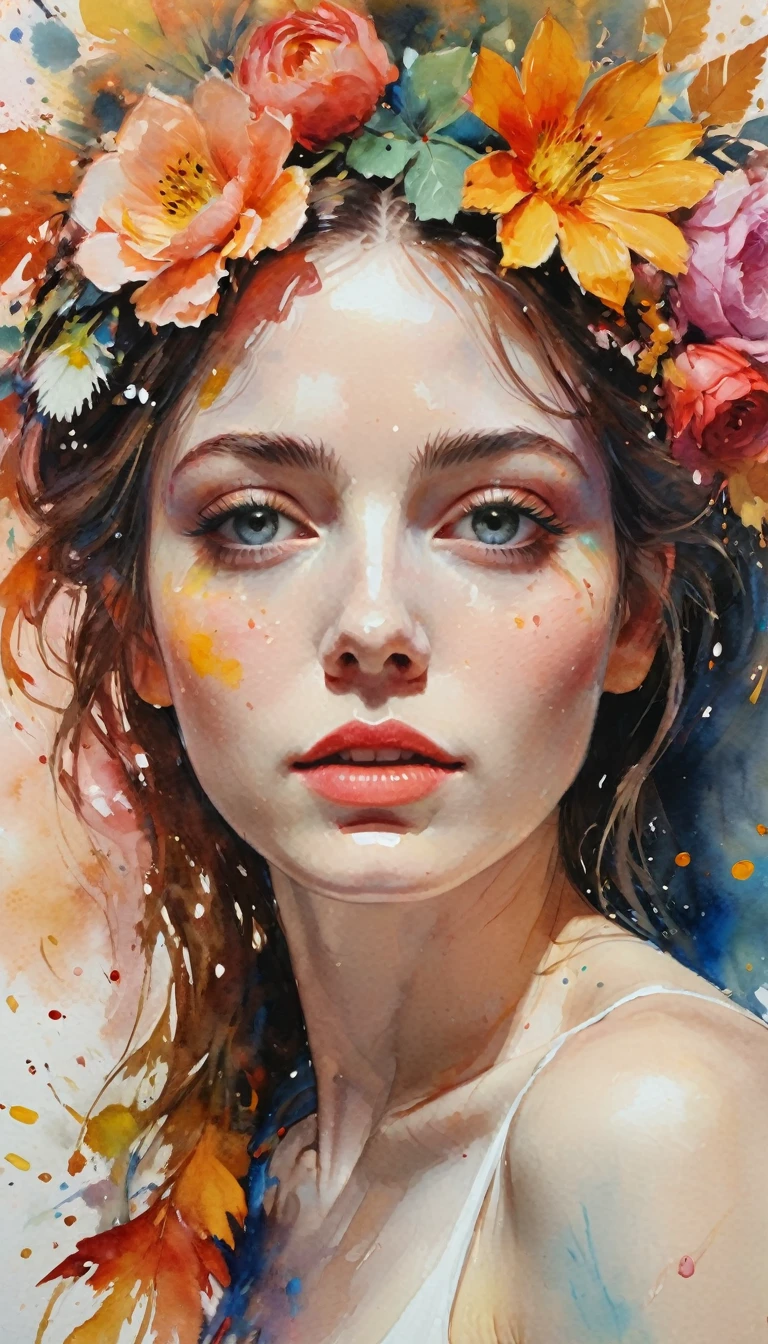 ((Masterpiece in maximum 16K resolution):1.6), ((intricate detail):1.4), ((extremely insane detail):1.4),((highest quality):1.3),((Soft colors 4k highly detailed digital art):1.3). | (((oilcolor:1.5))), ((watercolor painting):1.4), ((a painting of woman by Agnes Cecile):1.3), ((Flowers):1.4), ((luminous design):1.3), ((autumn lights):1.1), Gouache with intricate details, bold colors, ink drips, Detailed brushstrokes have been enhanced, Careful brushwork creates an atmosphere, Utilize delicate yet powerful brushstroke techniques, Create an enchanting atmosphere. highly detailed gouache, ((Unparalleled sharpness and clarity):1.1), ((Radiosity rendered in stunning 32K resolution):1.3), All captured with sharp focus.