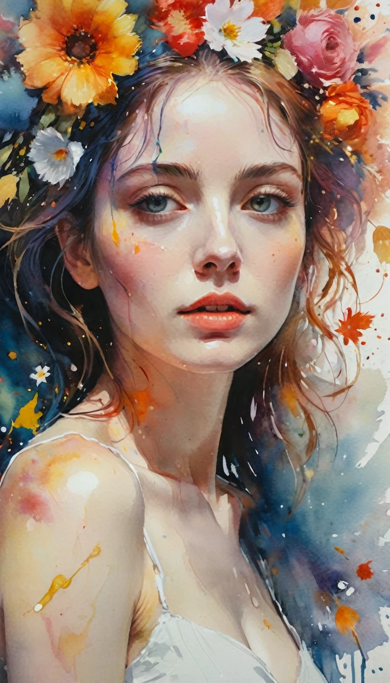 ((Masterpiece in maximum 16K resolution):1.6), ((intricate detail):1.4), ((extremely insane detail):1.4),((highest quality):1.3),((Soft colors 4k highly detailed digital art):1.3). | (((oilcolor:1.5))), ((watercolor painting):1.4), ((a painting of woman by Agnes Cecile):1.3), ((Flowers):1.4), ((luminous design):1.3), ((autumn lights):1.1), Gouache with intricate details, bold colors, ink drips, Detailed brushstrokes have been enhanced, Careful brushwork creates an atmosphere, Utilize delicate yet powerful brushstroke techniques, Create an enchanting atmosphere. highly detailed gouache, ((Unparalleled sharpness and clarity):1.1), ((Radiosity rendered in stunning 32K resolution):1.3), All captured with sharp focus.