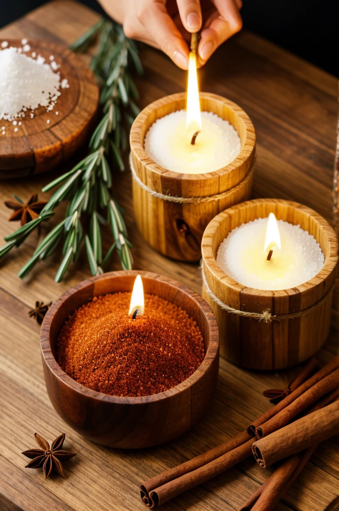 Magic with human hands on a wooden table with red and black candles and cinnamon, bee honey grain salt, bay leaves and rosemary 