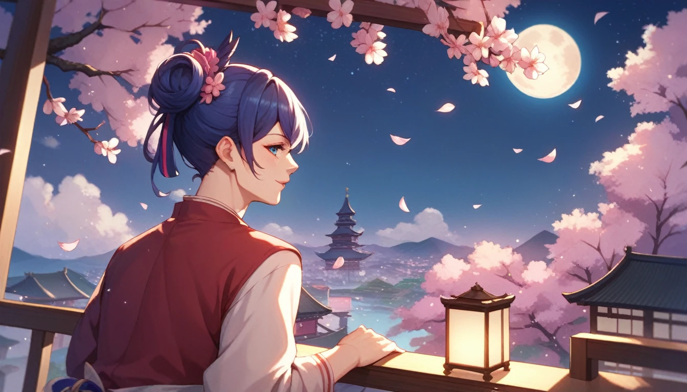 A Japanese cityscape of cherry blossoms at night. It creates a fantastic atmosphere. Stars are shining beautifully in the sky and the moon is shining.