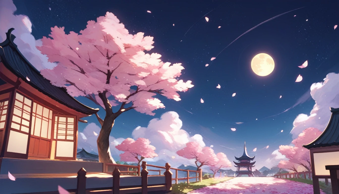 A Japanese cityscape of cherry blossoms at night. It creates a fantastic atmosphere. Stars are shining beautifully in the sky and the moon is shining.