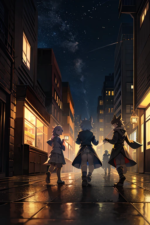 a Beatles-inspired group of four 勇者 walk across a crosswalk, reminiscent of the victory Road. BREAK Each of the four individuals is dressed differently, walking in tile. BREAK 馬車 and buildings surround them, atmosphere.Break masterpiece,ultra quality,best quality,ultra detailed,super detailed,super fine illustration,8K,8K quality,in 8K,8K background,anime style,artistic,perfect face,perfect hands