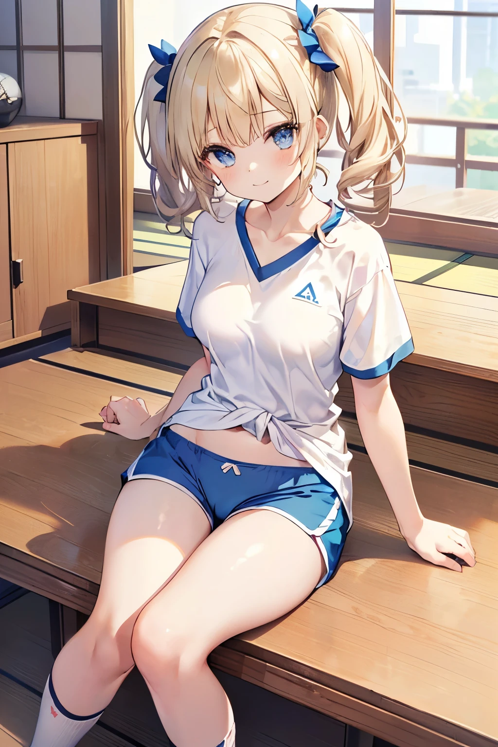 Blonde、Blue Eyes、girl、Small breasts、Twin tails、girl、Small breasts、A cheerful smile、Looks about 、Petan Musume、He is short、gym、【prompt】

BREAK (Japanese school old style sportswear:1.3), ((soft cotton material, non-shiny material):1.3), (oversized soft cotton short sleeve white tunic with U-neck:1.4), (blue lines on tops outline:1.3), ((Slim fit, closed-fitting) (deep-blue panties shorts, soft cotton deep-blue competition micro shorts, soft cotton deep-blue bloomers):1.3), ((groin, upper thigh skin):1.3), (white socks:1.3), (sports shoes:1.2),