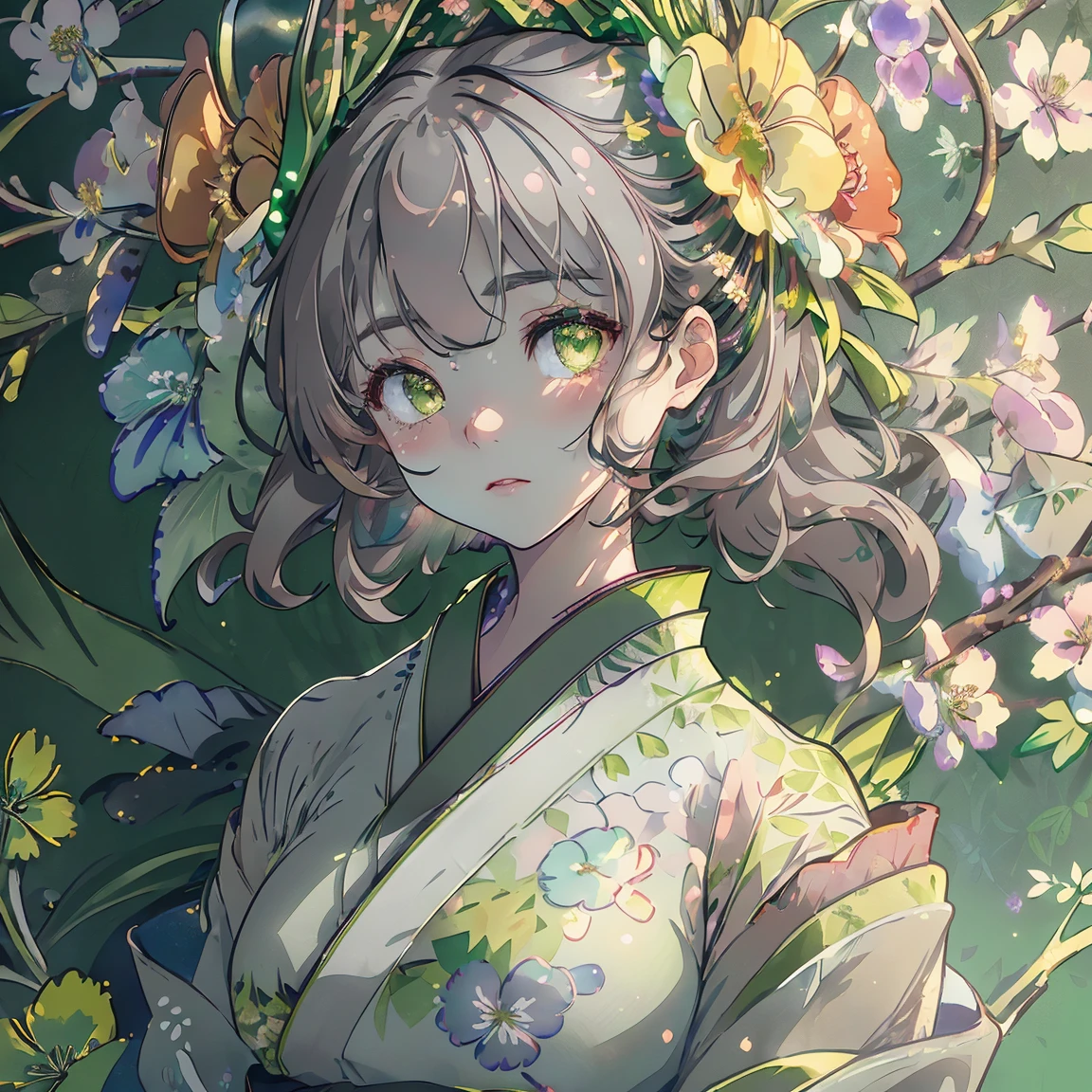 watercolor paiting、(((green floral background:1.3)))、Best Quality, masutepiece, High resolution, (((1girl in))), sixteen years old,(((Eyes are gray:1.3)))、black hair,green kimono,((beautiful green kimono)), Tindall Effect, Realistic, Shadow Studio,Ultramarine Lighting, dual-tone lighting, (High Detail Skins: 1.2)、Pale colored lighting、Dark lighting、 Digital SLR, Photo, High resolution, 4K, 8K, Background blur,Fade out beautifully、green flower world white background looking to the left looking at viewer