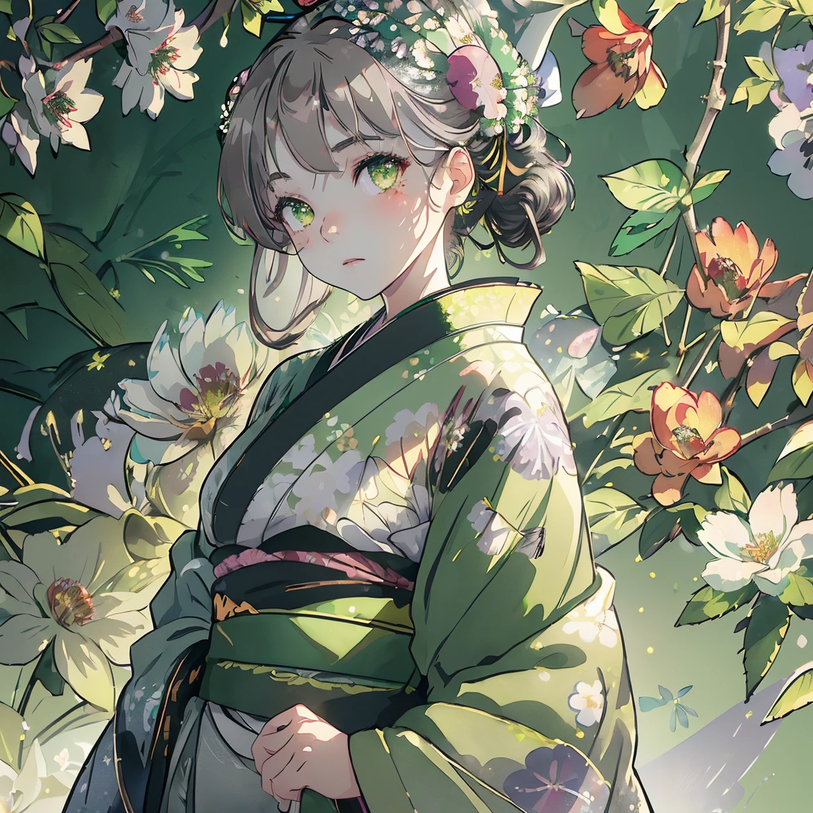 watercolor paiting、(((green floral background:1.3)))、Best Quality, masutepiece, High resolution, (((1girl in))), sixteen years old,(((Eyes are gray:1.3)))、black hair,green kimono,((beautiful green kimono)), Tindall Effect, Realistic, Shadow Studio,Ultramarine Lighting, dual-tone lighting, (High Detail Skins: 1.2)、Pale colored lighting、Dark lighting、 Digital SLR, Photo, High resolution, 4K, 8K, Background blur,Fade out beautifully、green flower world white background looking to the left looking at viewer