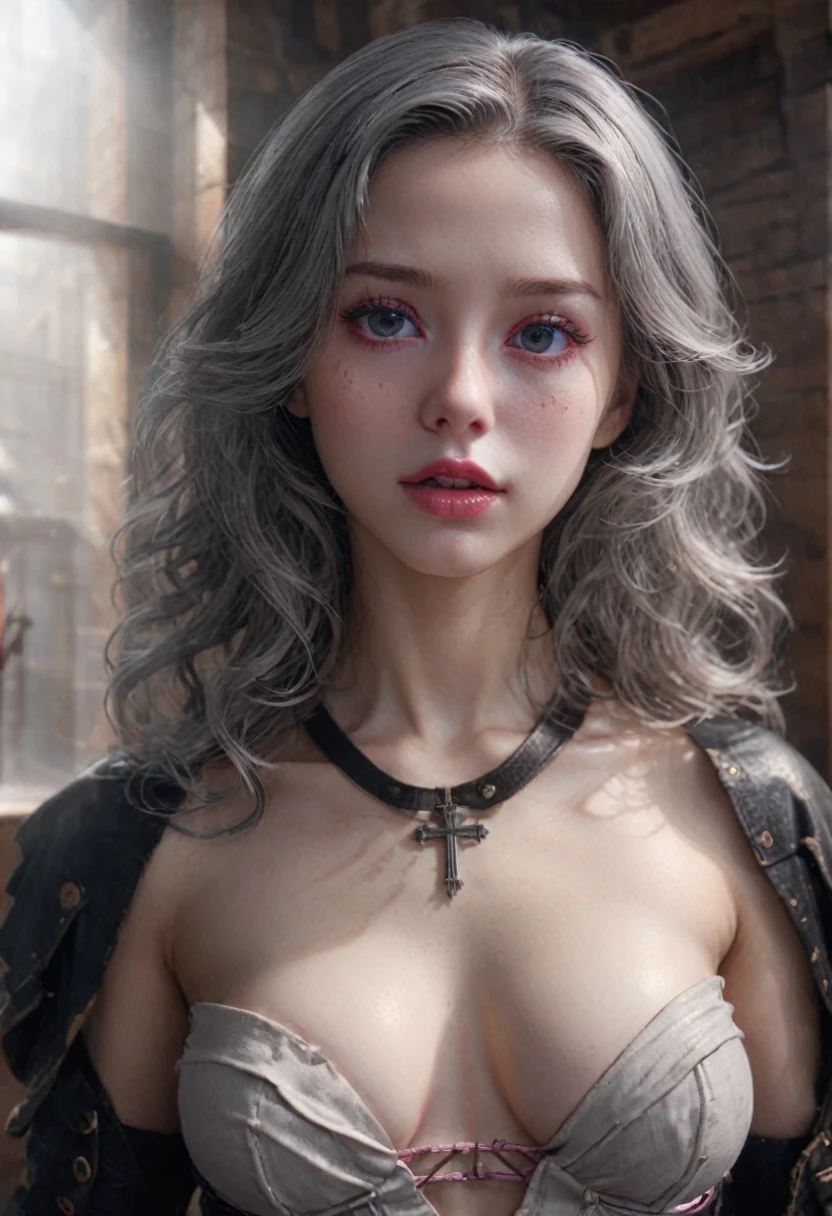 (((Surreal))) photo, masterpiece, upscale, (Pale skin), (Ultra-detailed face and eyes.:1.3), 1 girl, aldult, na camiseta, (Eye Makeup, mask) , ((Large, delicate lips)), ((Gray Wavy Hair)), ((Chiolca)) , (Natural breasts), Thin waist. ((Strike a pose)), photo拍摄, studio (Soft lighting), (The game of light and shadow), Depth of Field, Bokeh, (Special attention to leather details.: 1.2), detailed leather texture, Skin pores. (Ventilated frame environment.. Colorful costume: Beautifully, bright, White, Pink), Disaster Recovery, ((Film Grain)), ((Oh my god)), ((Sunlight glare)), ((portrait from waist up, Close to the camera)) , Super Fine, Nude showing breasts perfect breasts fully nude, A large wooden cross casts a shadow behind him.