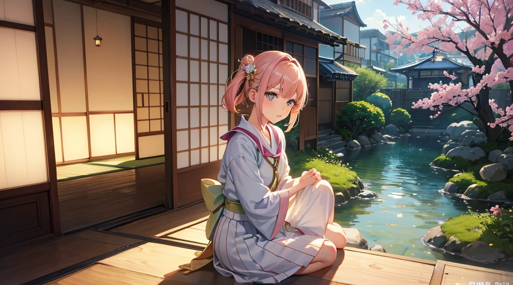 A anime character sitting in the terasse of an old japanese house, the view of her garden. summer ambient vibes. The colors are soft and pastel, with soft lighting and a nostalgic ambiance, Lo-Fi, school girl , cute girl, side view, wide view, japanese beauty, beutiful girl.