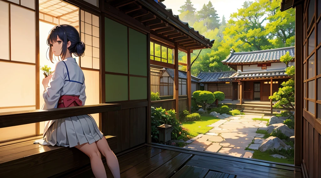 A anime character sitting in the terasse of an old japanese house, the view of her garden. summer ambient vibes. The colors are soft and pastel, with soft lighting and a nostalgic ambiance, Lo-Fi, school girl , cute girl, side view, wide view, japanese beauty, beutiful girl.